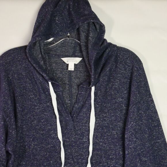 Market & Spruce Womens Size L Hoodie Navy Soft Knit Drawstrng Pullover Pockets - Picture 2 of 13